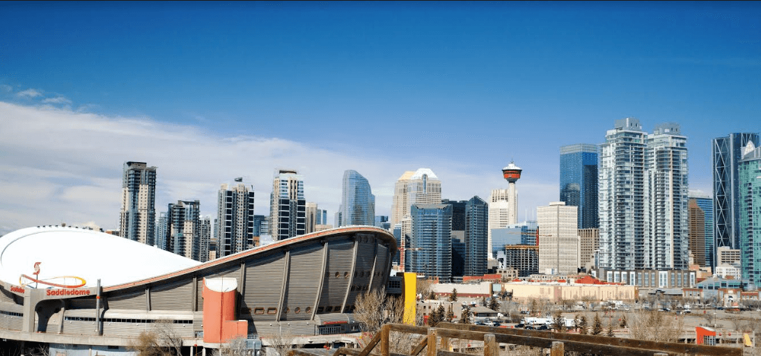 Calgary skyline with the Saddledome and downtown towers